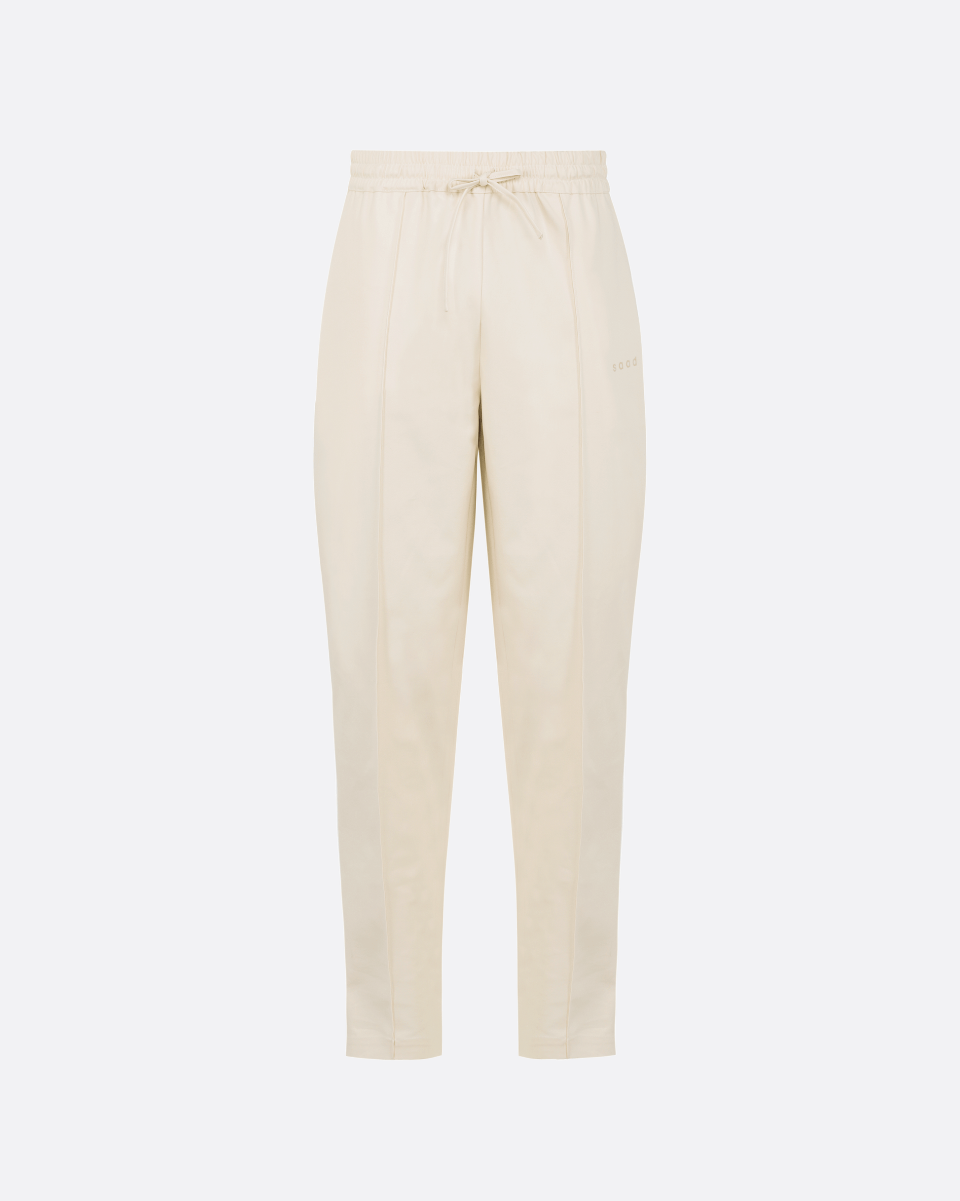 Pantalon beige avec pli sur le devant et taille élastique à cordon de serrage